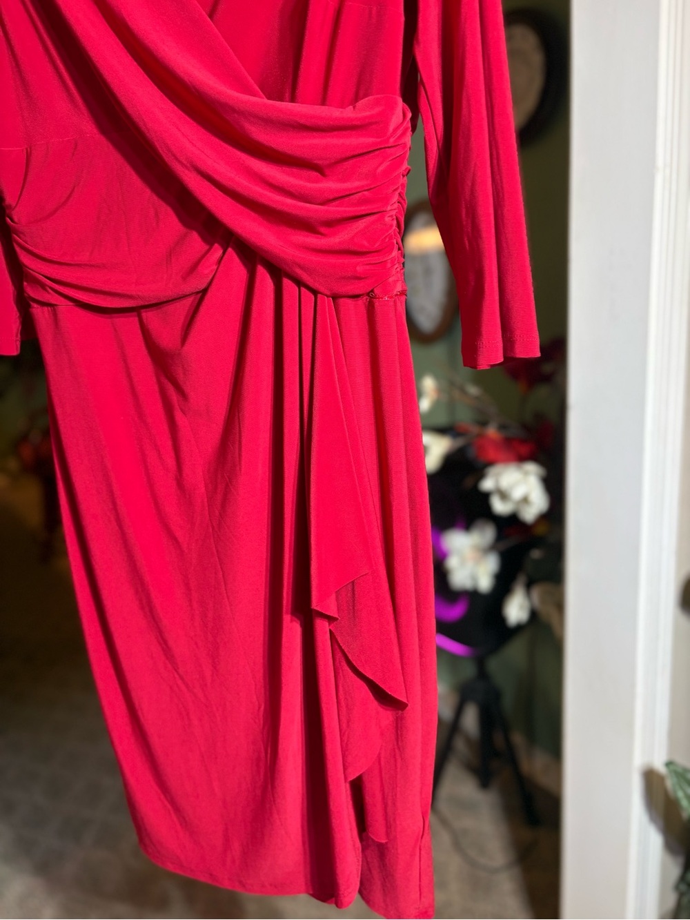 Chaps Crimson Red Faux Wrap Ruched V-Neck Midi Sheath Dress XL - Picture 2 of 5